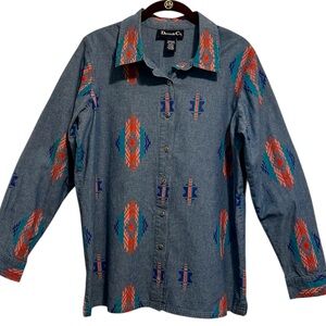 NWOT Denim & Co Blue Tribal Pattern Shirt Medium